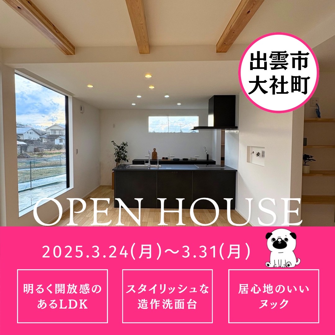 【新築完成見学会】明るく開放感のあるＬＤＫ・造作洗面台・ヌックのあるお家